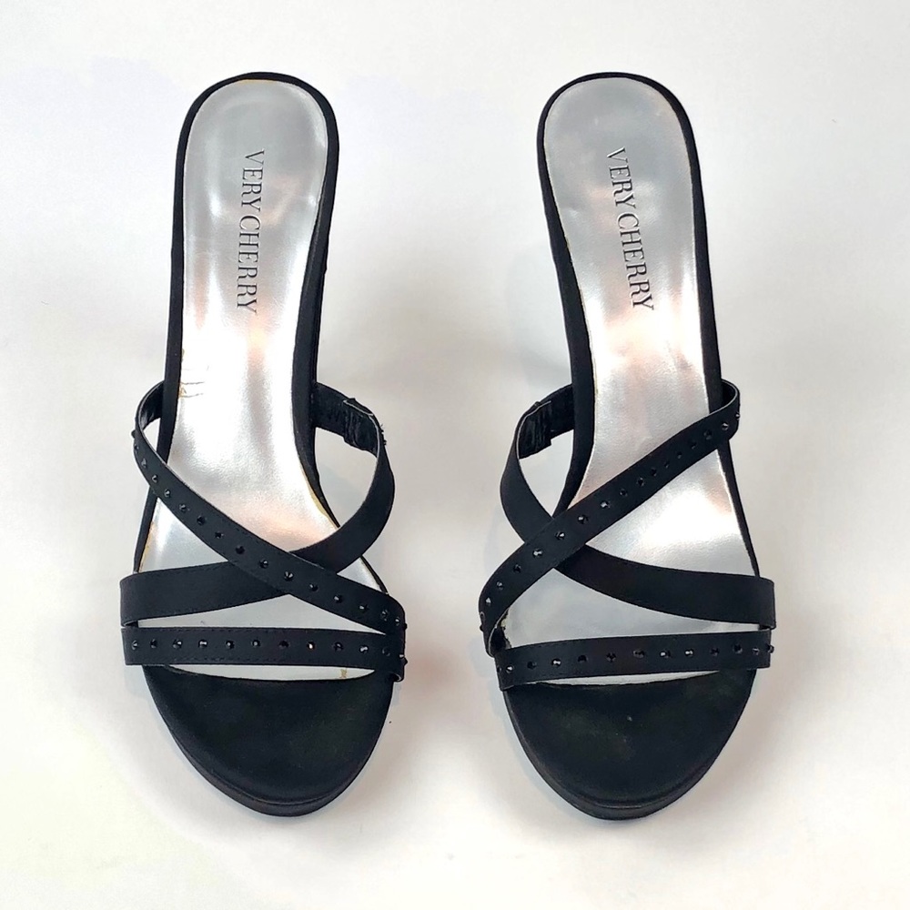 Vintage Very Cherry Black Satin Rhinestone Heels